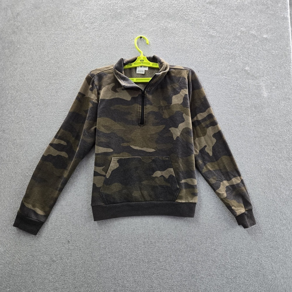 PINK Victoria's Secret Women Sweatshirt L Green Camouflage Fleece Logo Spellout